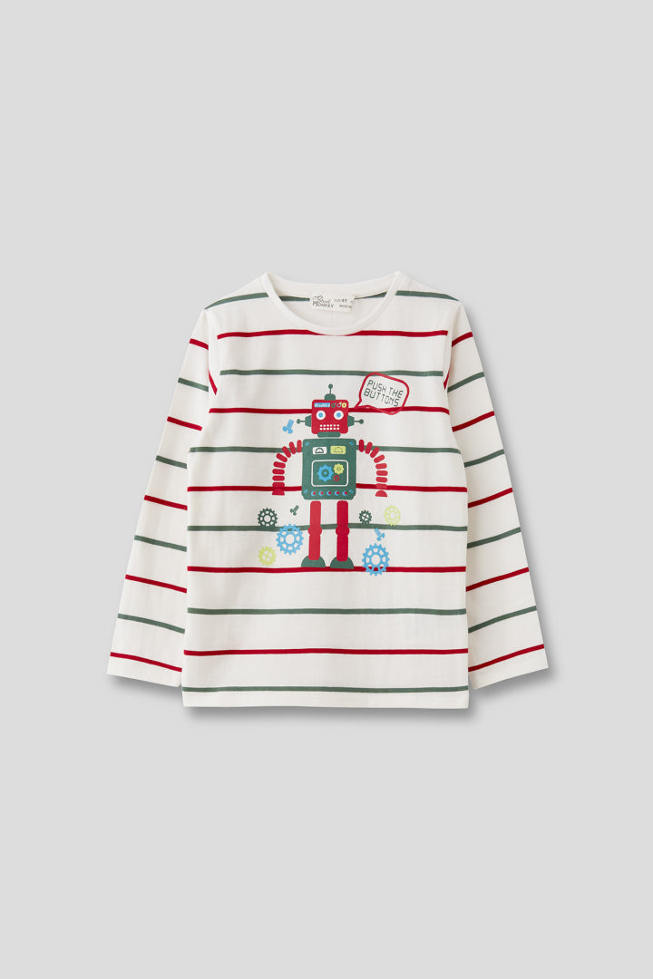 PROXIMAMENTE Camiseta para Niño: Estilo y Comodidad en Crudo con Rayas y Robot