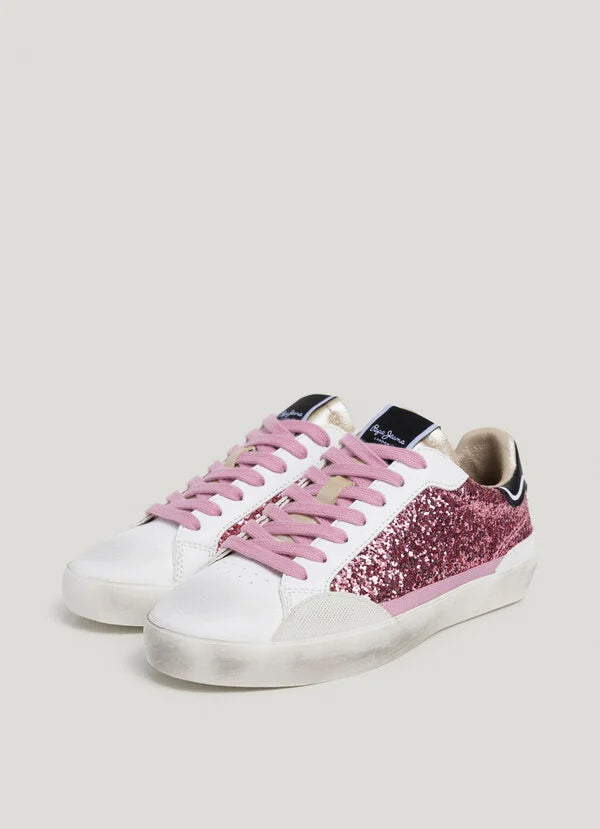 zapatillas  pepe jeans niña con detalles glitter rosa piel vegana