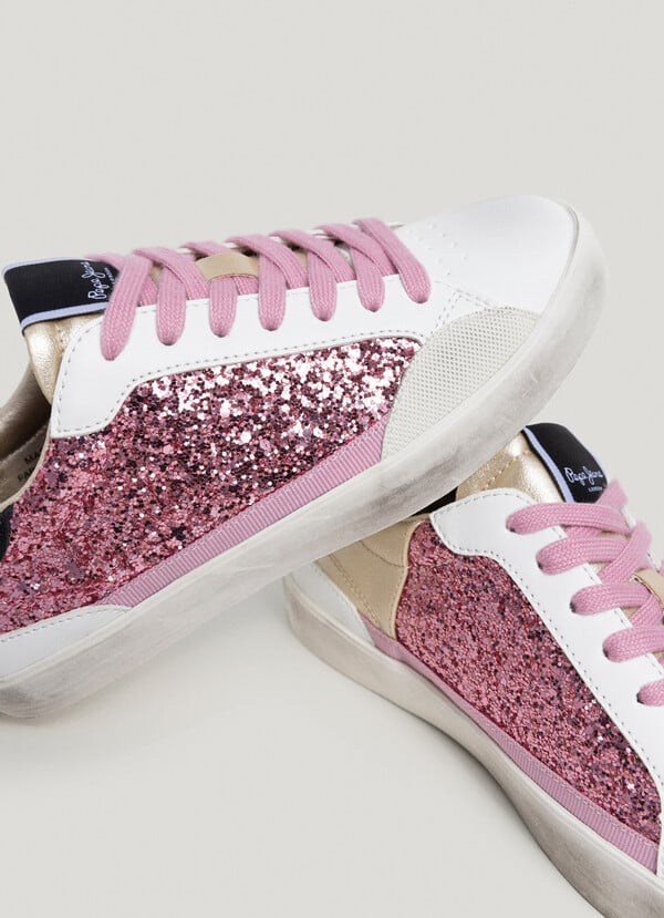 zapatillas  pepe jeans niña con detalles glitter rosa piel vegana