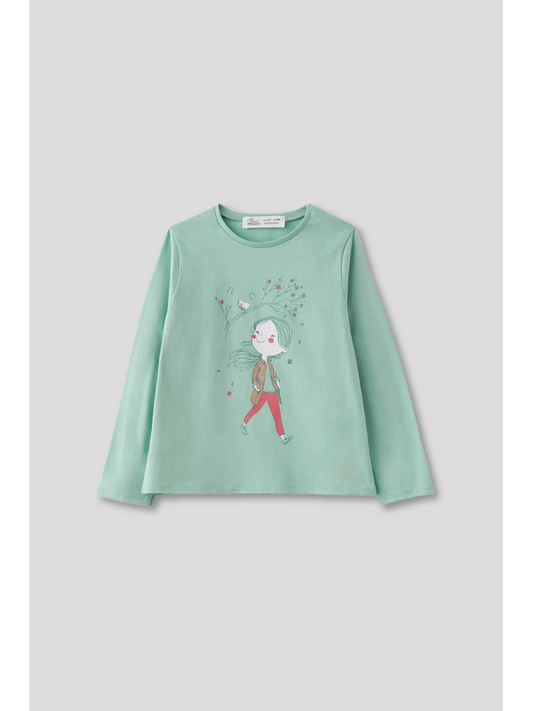 Camiseta de Manga Larga para Niña Tonos Suaves de Rosa y Verde