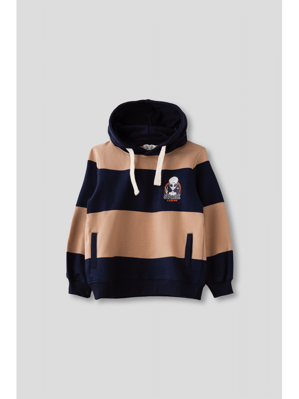 Sudadera para Niño: Rayas Beige y Azul Marino con Toque Espacial