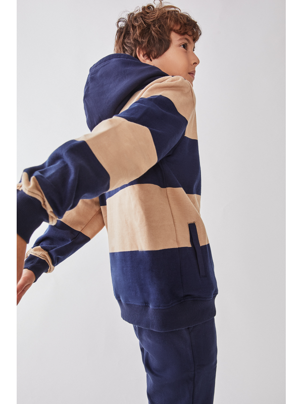 Sudadera para Niño: Rayas Beige y Azul Marino con Toque Espacial